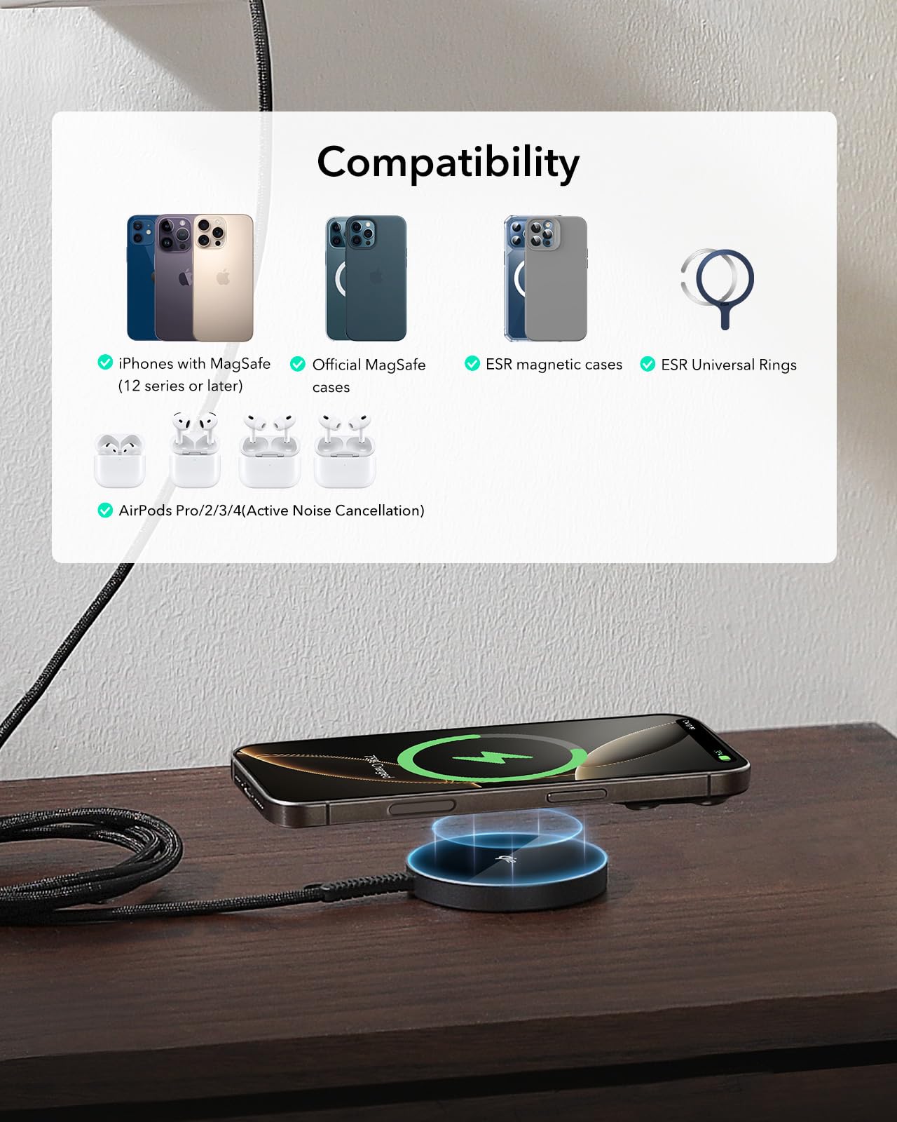 Cargador Inalámbrico ESR Almohadilla Magsafe para iPhone y AirPods 15W Magnética Paquete de 2