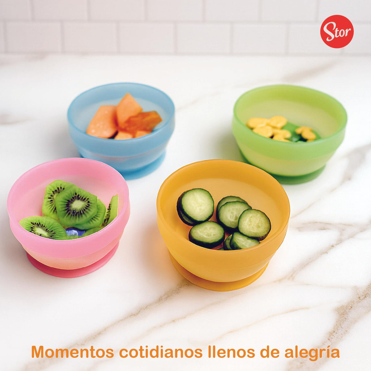 Stor – Set de 4 Tazones para Niños Bluey con Ventosa de Succión Antideslizante | Producto Oficial | Libre de BPA | Platos Hondos Apilables, Resistentes y Ligeros | Antiderrames