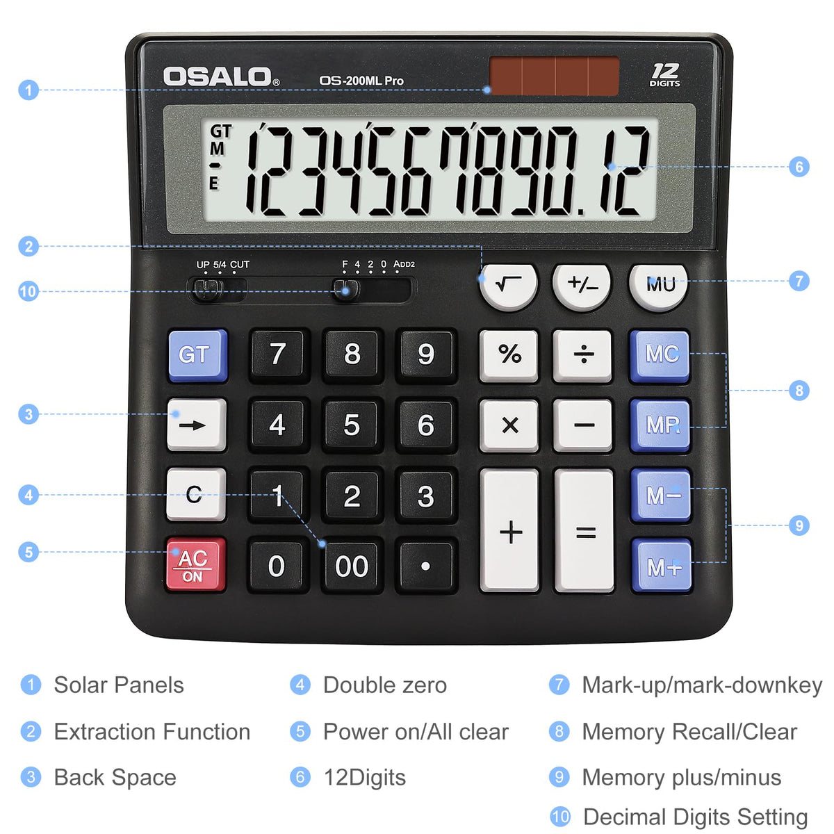 Calculadora de Computadora OSALO Negra Visualización Extragrande 12 Dígitos Botones Grandes para Oficina