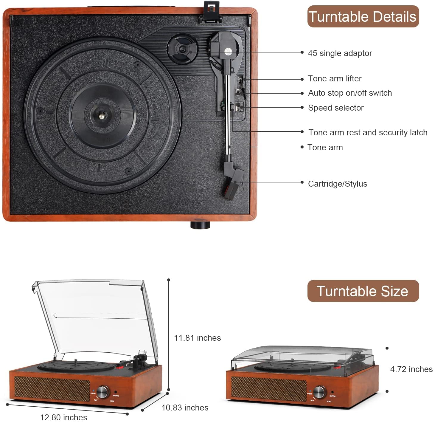 Kedok Tocadiscos de Vinilo Bluetooth con Altavoces y Tocadiscos para Discos de Vinilo, 3 velocidades, accionado por Correa, Tocadiscos de Vinilo para Entretenimiento AUX en Salida RCA