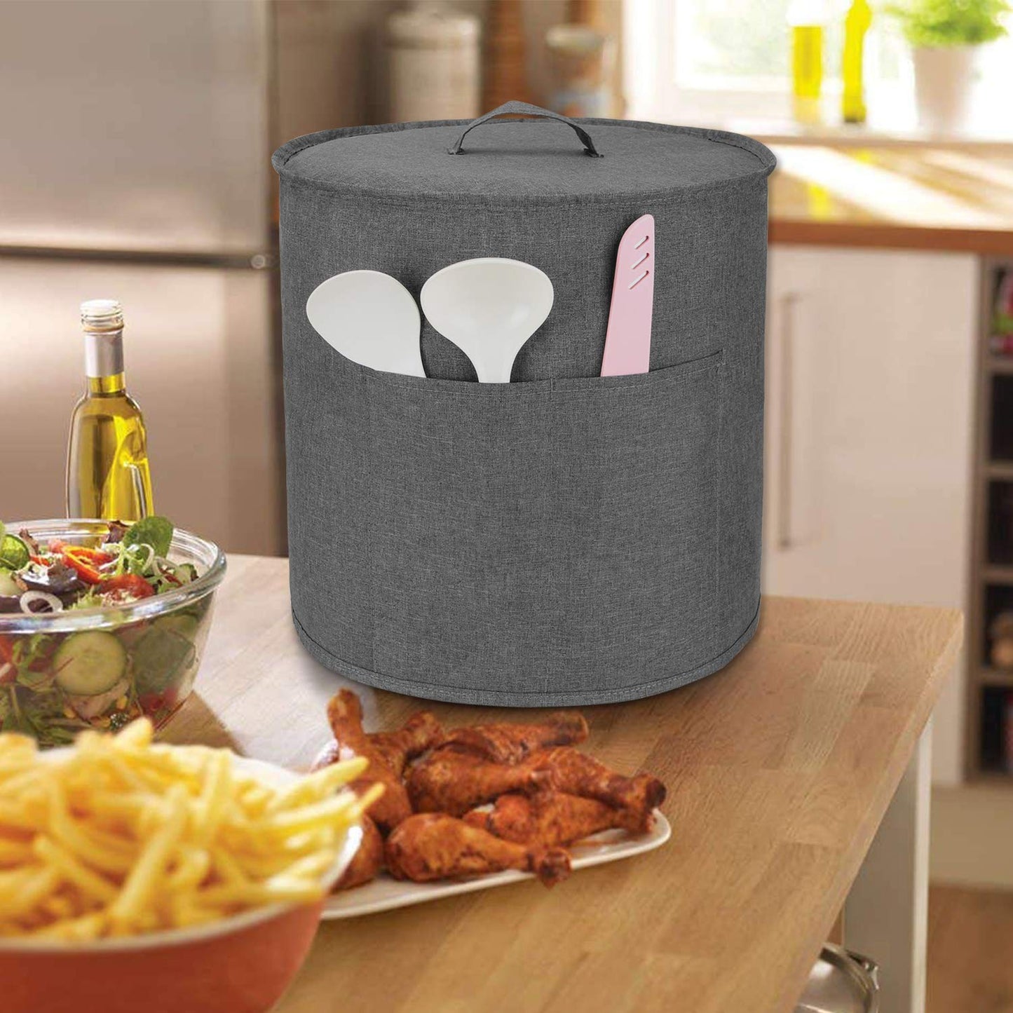 Luxja - Funda antipolvo compatible con macetas instantáneas de 6 cuartos de galón, funda de tela con bolsillos para ollas instantáneas (6 cuartos de galón) y accesorios adicionales, gris (mediano)