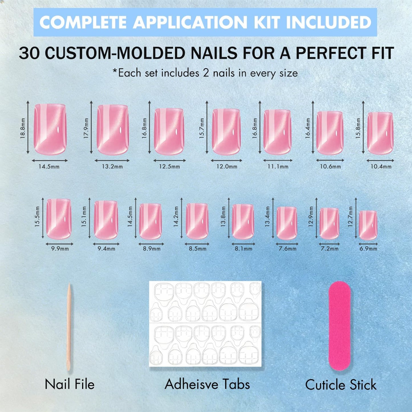 SXVME Uñas postizas de ojo de gato cortas, hechas a mano, cuadradas, gruesas, cromadas, negras y doradas, para mujer, para fiestas de cumpleaños, reutilizables, con imán y purpurina, 15 tamaños, 30 un