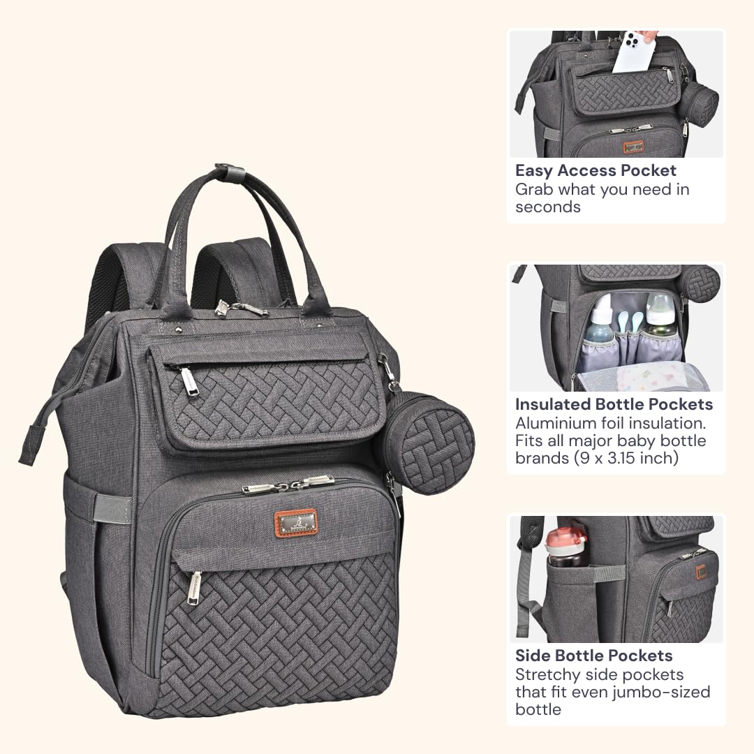 BabbleRoo Mochila para pañales, bolsas grandes multifunción con cambiador, correas de carriola y funda para chupete, unisex, elegante, bolsa para cambiar pañales para mamás y papás (gris oscuro)