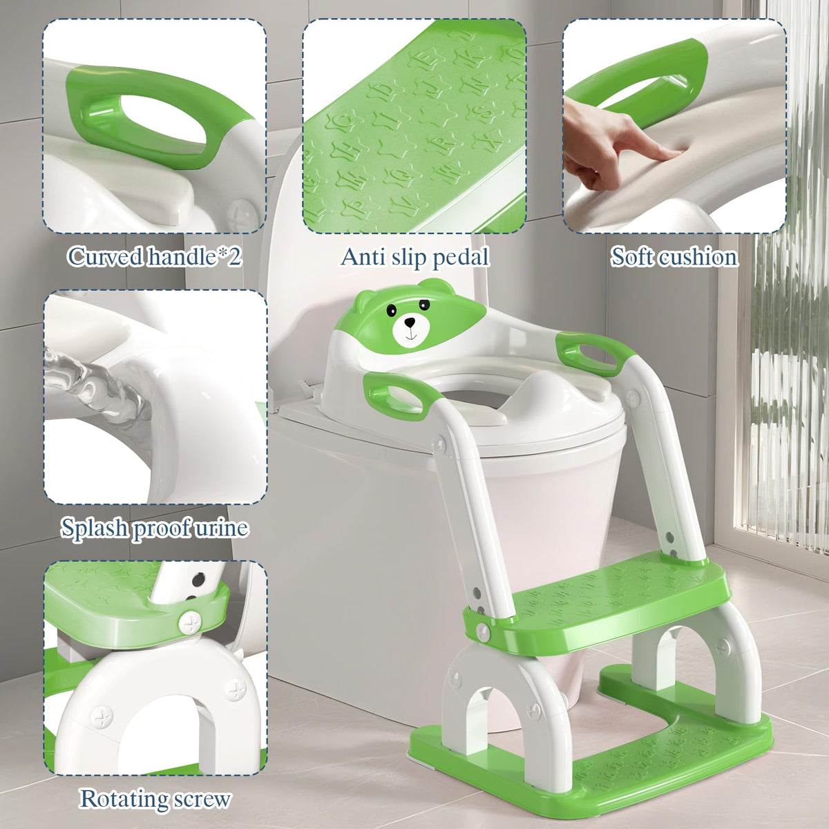 CUXFLS - Asiento de entrenamiento para ir al baño con escalera para niños pequeños, inodoro de entrenamiento ajustable 2 en 1 para niños y niñas con protector contra salpicaduras, cojín impermeable