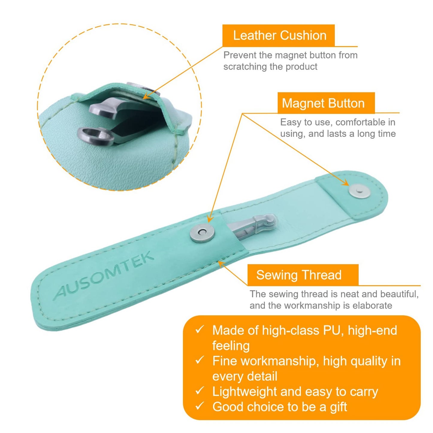 AUSOMTEK Nose Hair & Ear Hair Trimming Tweezers, Eyebrow Grooming Scissors, Eyelash Clipper, Stainless Steel Grooming Scissors, Safe Round-Headed, for Men and Women (Cyan PU Case) (1 pack)