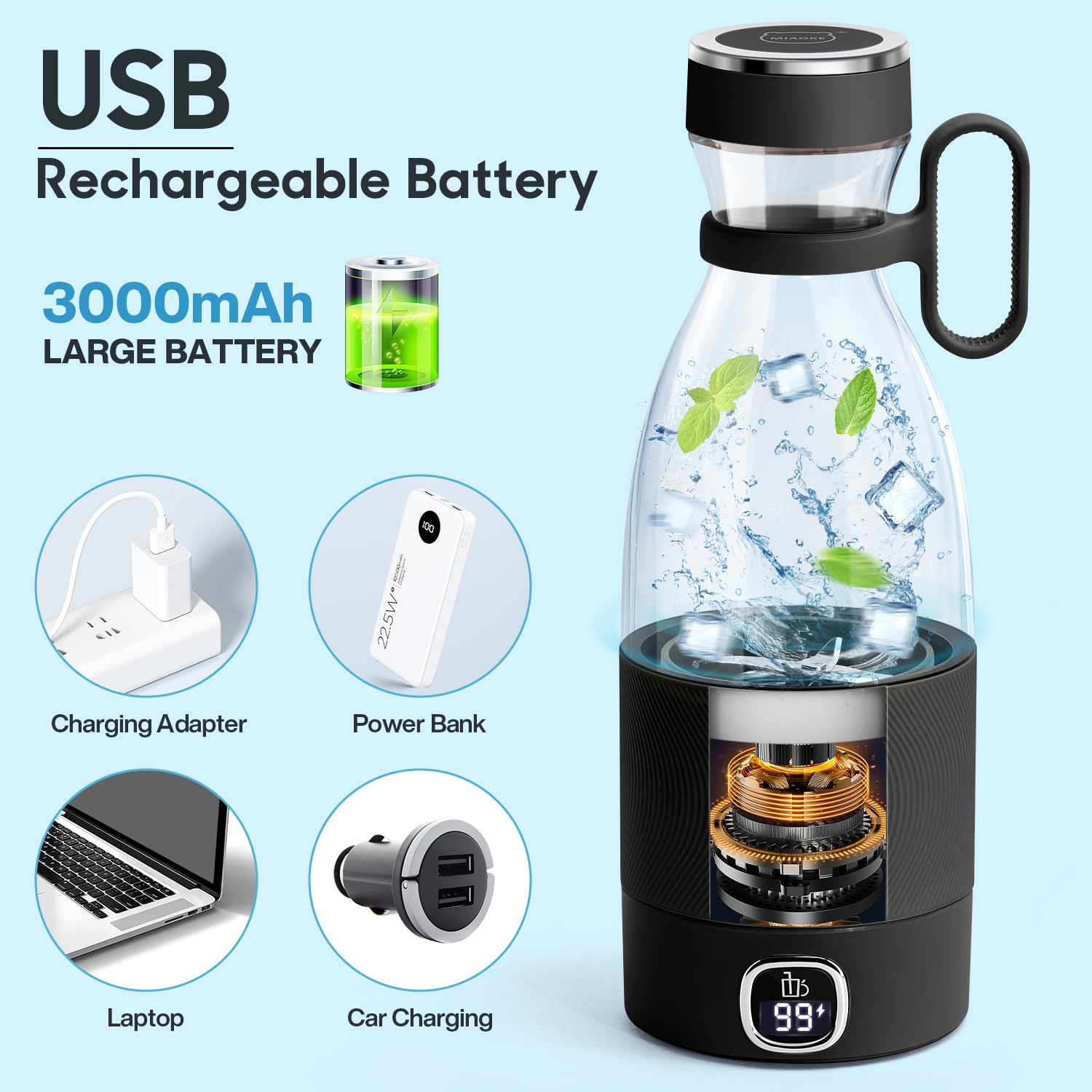 Licuadora Portátil MIAOKE Verde 6 Cuchillas con Pantalla LED Recargable USB para Deportes y Viajes