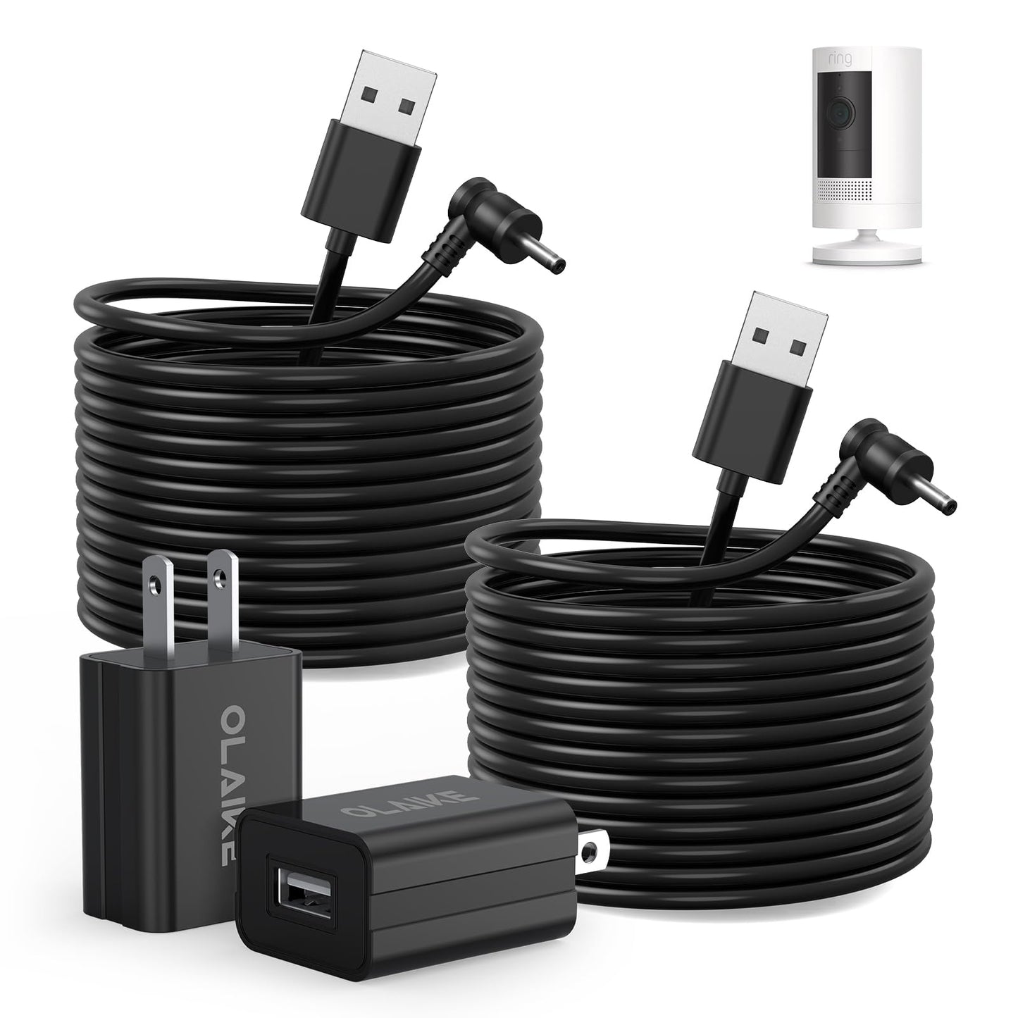 OLAIKE 8 m/ 26 pies (Paquete de 2) Cable de Carga Resistente a la Intemperie para Stick Up CAM Battery/Plug-in y Spotlight CAM Battery y Soporte para inclinación y Vista panorámica, Negro