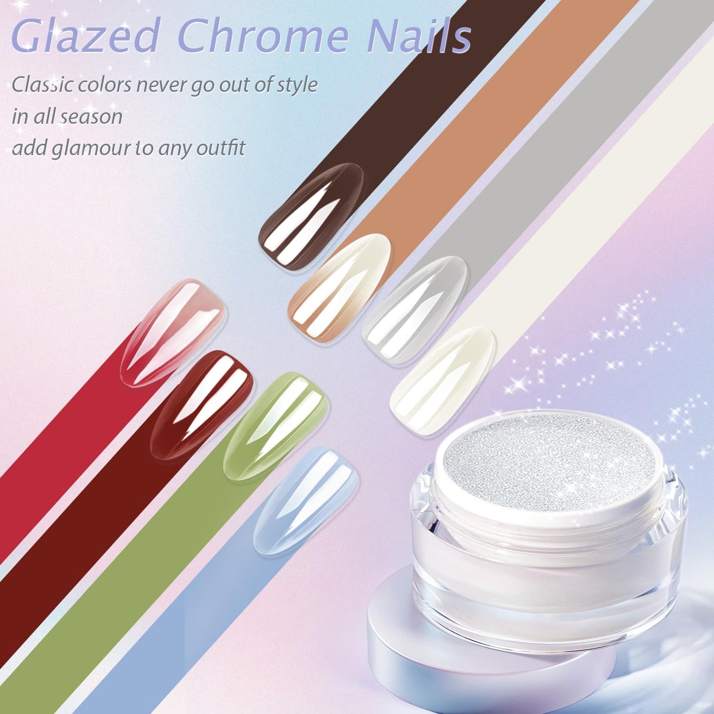SXVME Rosquilla Esmaltada Blanca French Tip Press On Uñas Almendra, Rosa Francés Cromo Clavos Prensa Ons Para Mujeres, Aurora Pegamento En Uñas De Longitud Media, Espejo Reflectante Clavos Acrílicos L