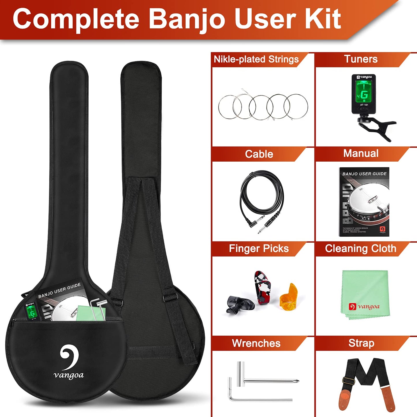 Vangoa Banjo - Juego de 5 cuerdas y acústicos eléctricos de tamaño completo con cabeza de retorno de caoba, cabeza de retorno, banjoe, 24 soportes con 5ª clavijas para principiantes y adultos