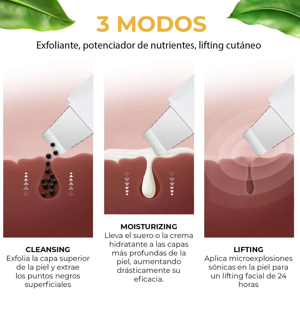 CLEOSKIN. Espátula Peeling Ultrasónico para remover espinillas y puntos negros. Incluye 2 fundas de silicona para limpieza facial y 4 agujas de acero para espinillas