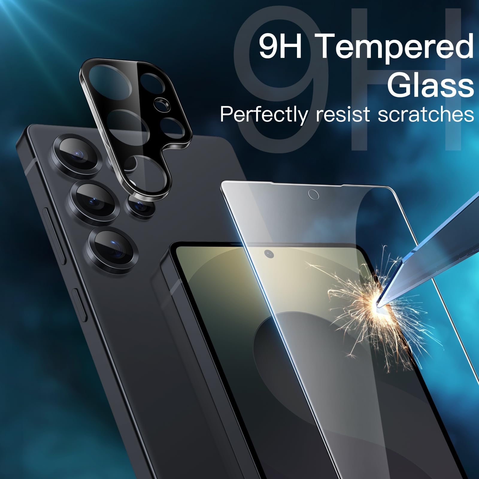 JETech 5 en 1 Funda para Samsung Galaxy S25 Ultra 5G con 2 Protector Pantalla Mica Cristal Vidrio Templado y 2 Protector Lente Cámara, Carcasa Anti-Amarillo Antigolpes (Negro Titanio)