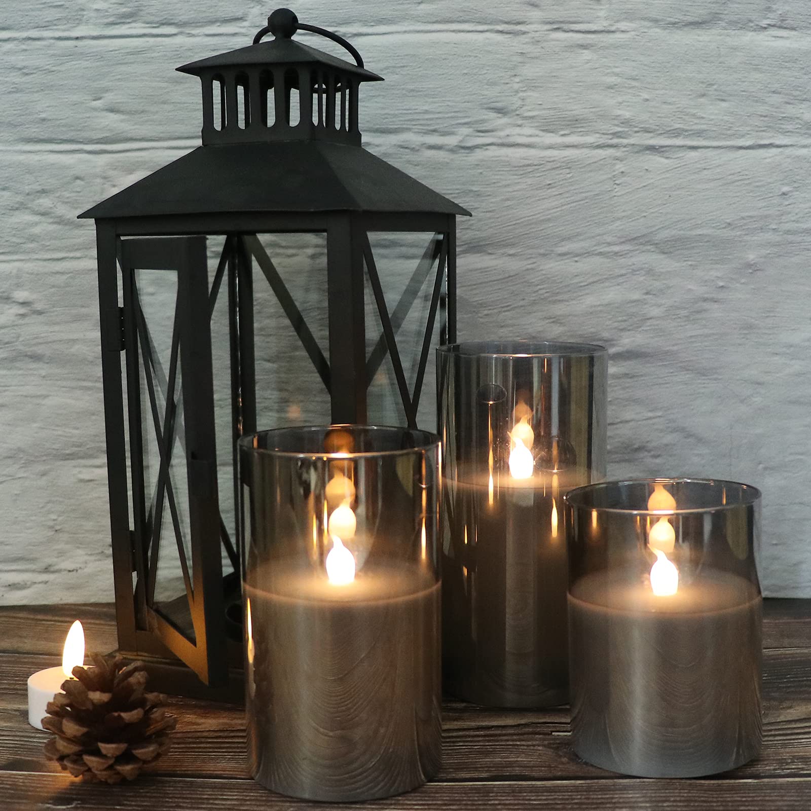 GenSwin - Velas led sin llama de vidrio gris con control remoto de 10 teclas y temporizador, velas de cera real, luz blanca cálida parpadeante para decoración del hogar (juego de 3)