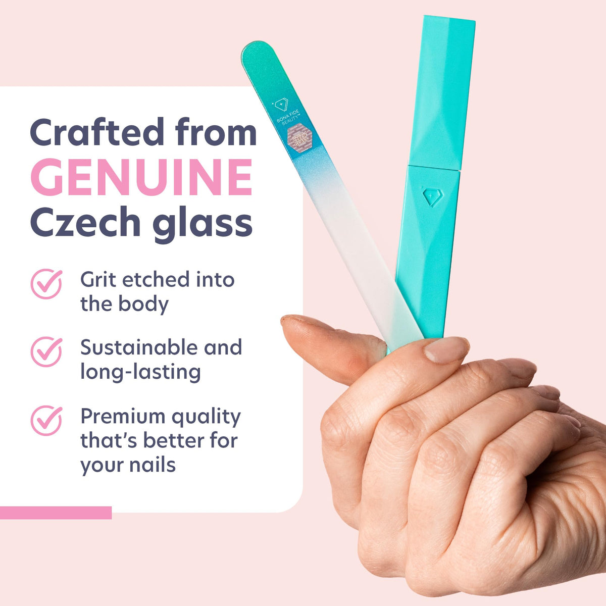 Bona Fide Beauty Double Sided Bohemian Crystal Czech Glass Nail File in Plastic Sleeve, Green/Aqua
