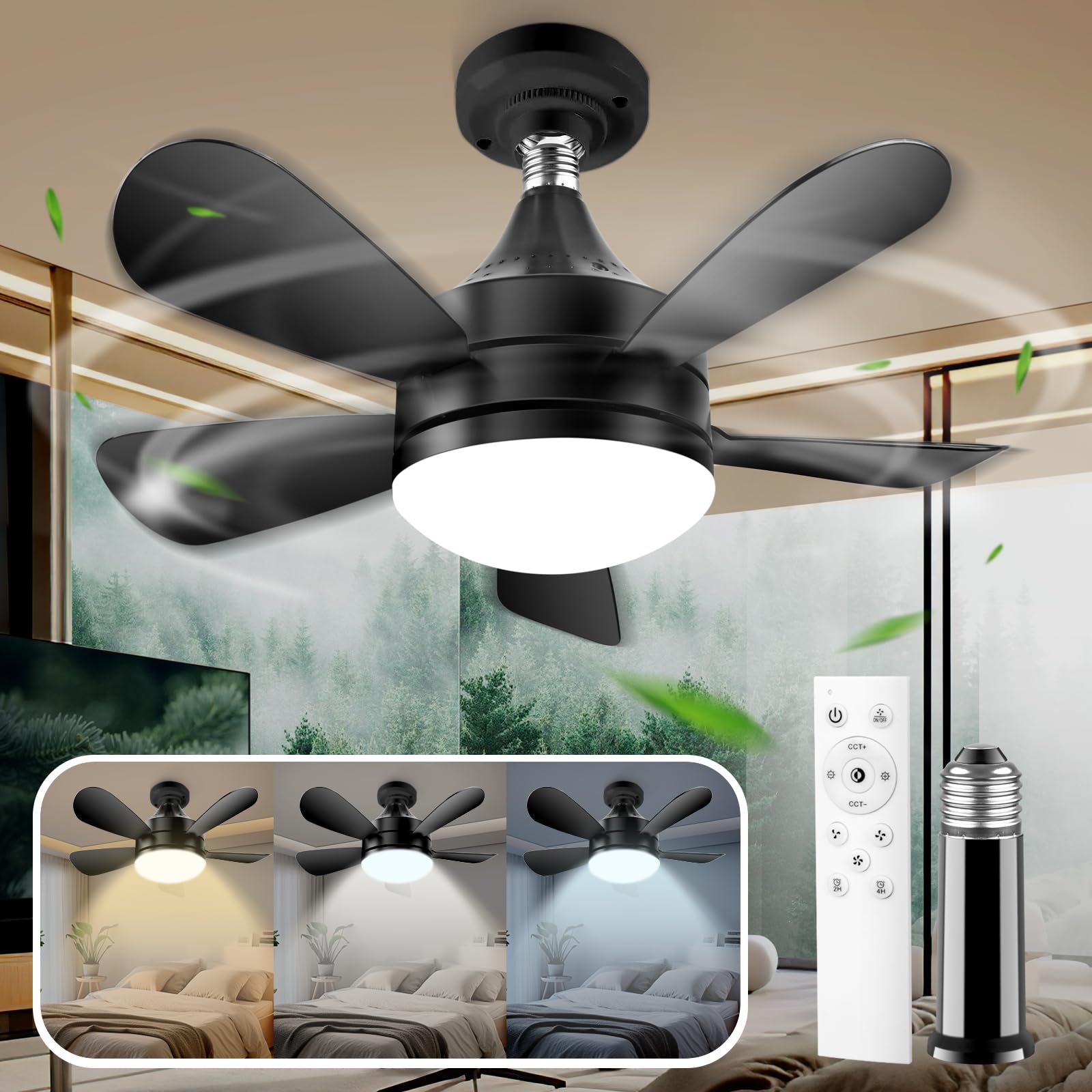 Ventilador de Techo VSHINY Negro Con Luz y Mando a Distancia