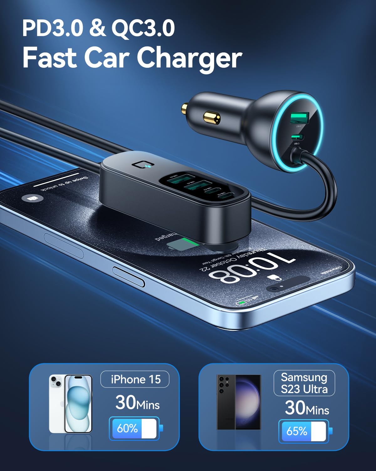 Rocoren 105W USB C Cargador de Coche, 6 Puertos para Viajes Familiares, PD 35W y QC3.0 30W Carga Rápida Multidispositivo, Cargador USB de Mechero con Cable de 5 pies para iPhone 15, iPad, Samsung S23