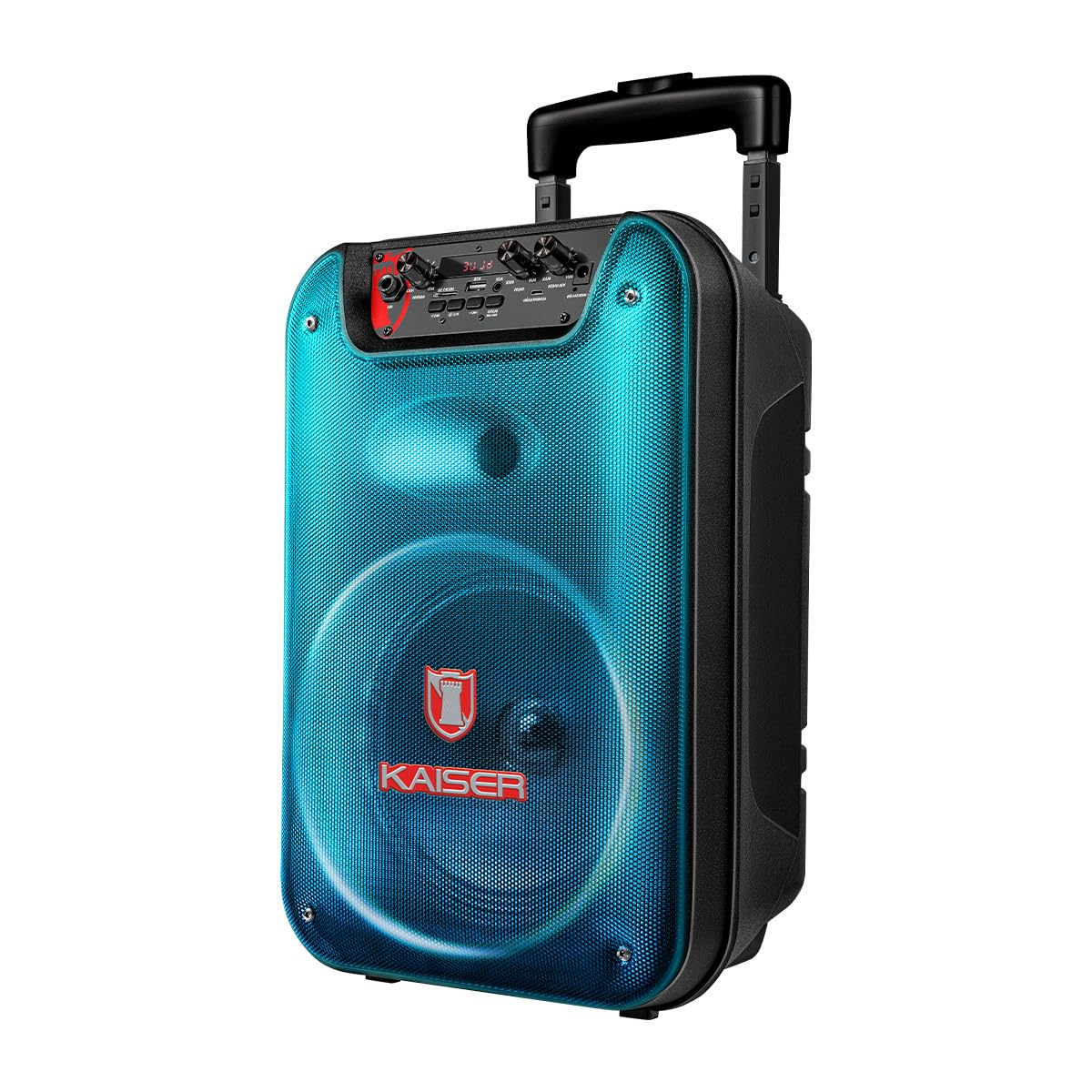 Bocina Bluetooth Tipo de 8 pulgdas con Luz Tipo Flama, KSR-Link, Recargable, Bluetooth, FM, USB, Micro SD, Micrófono Alámbrico, Trolley, Potencia de 20W RMS