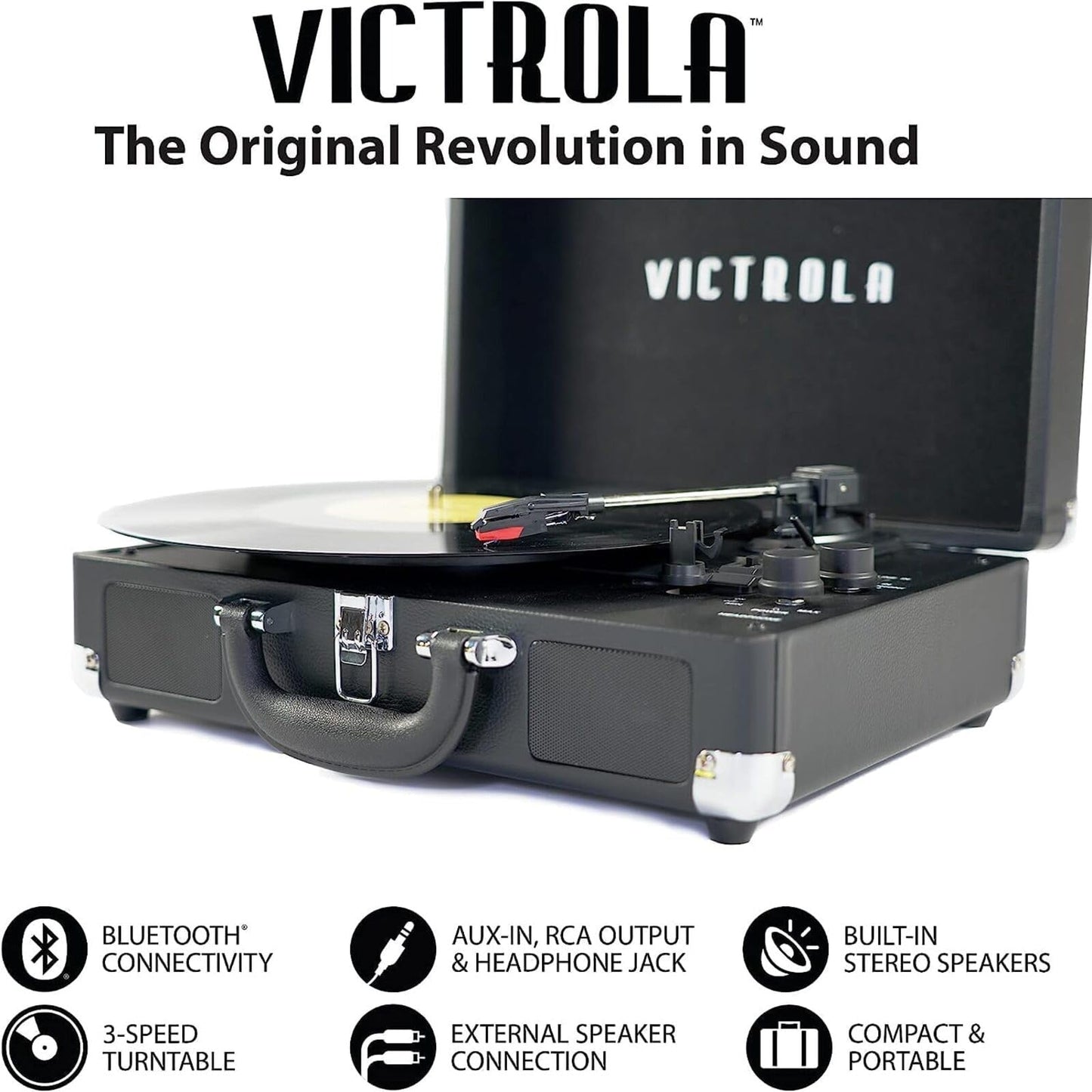 Tocadiscos Maleta Victrola Journey+ Bluetooth Café Oscuro con Bocinas Integradas para Vinilos 33-1/3, 45 y 78 RPM