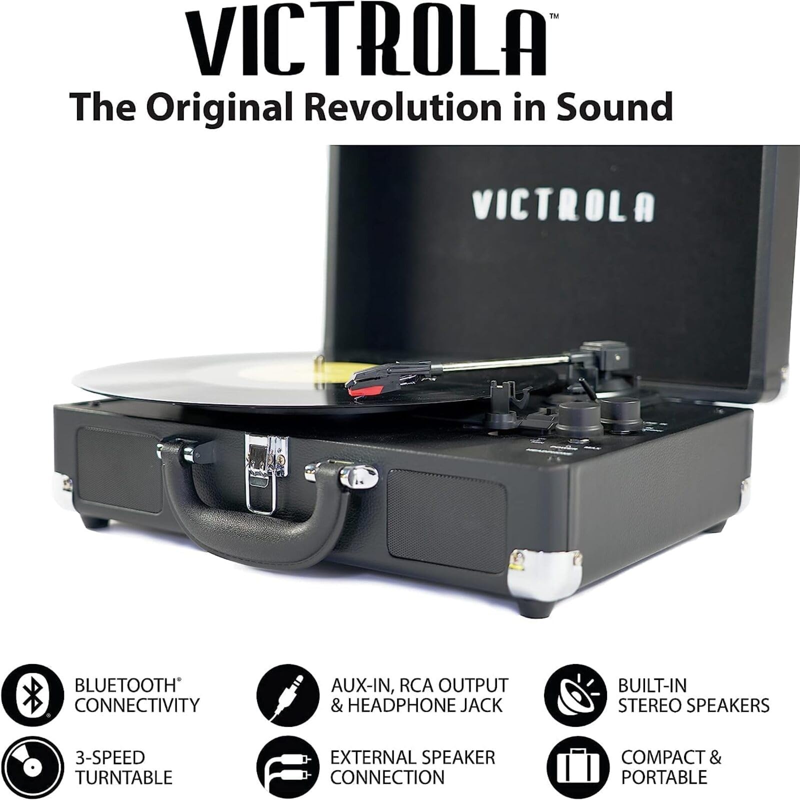 Tocadiscos Maleta Victrola Journey+ Bluetooth Café Oscuro con Bocinas Integradas para Vinilos 33-1/3, 45 y 78 RPM