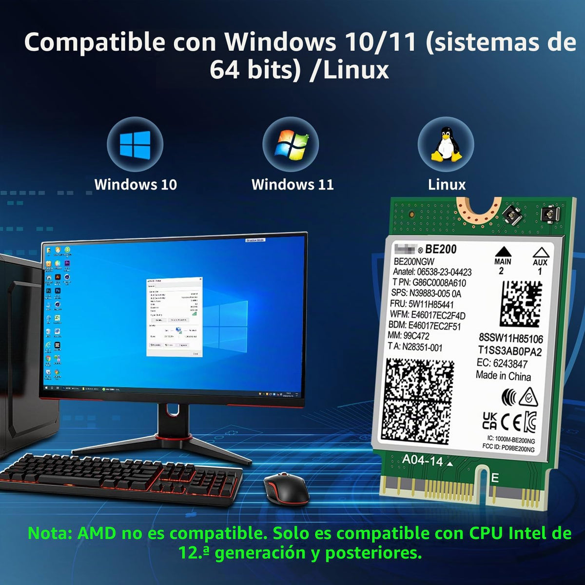 Tarjeta Inalámbrica WiFi 7 GigaPlus Intel BE200 NGW Bluetooth 5.4 5800Mbps M.2/NGFF para Intel 12ª Generación y Superior CPU Windows 10/11 Linux