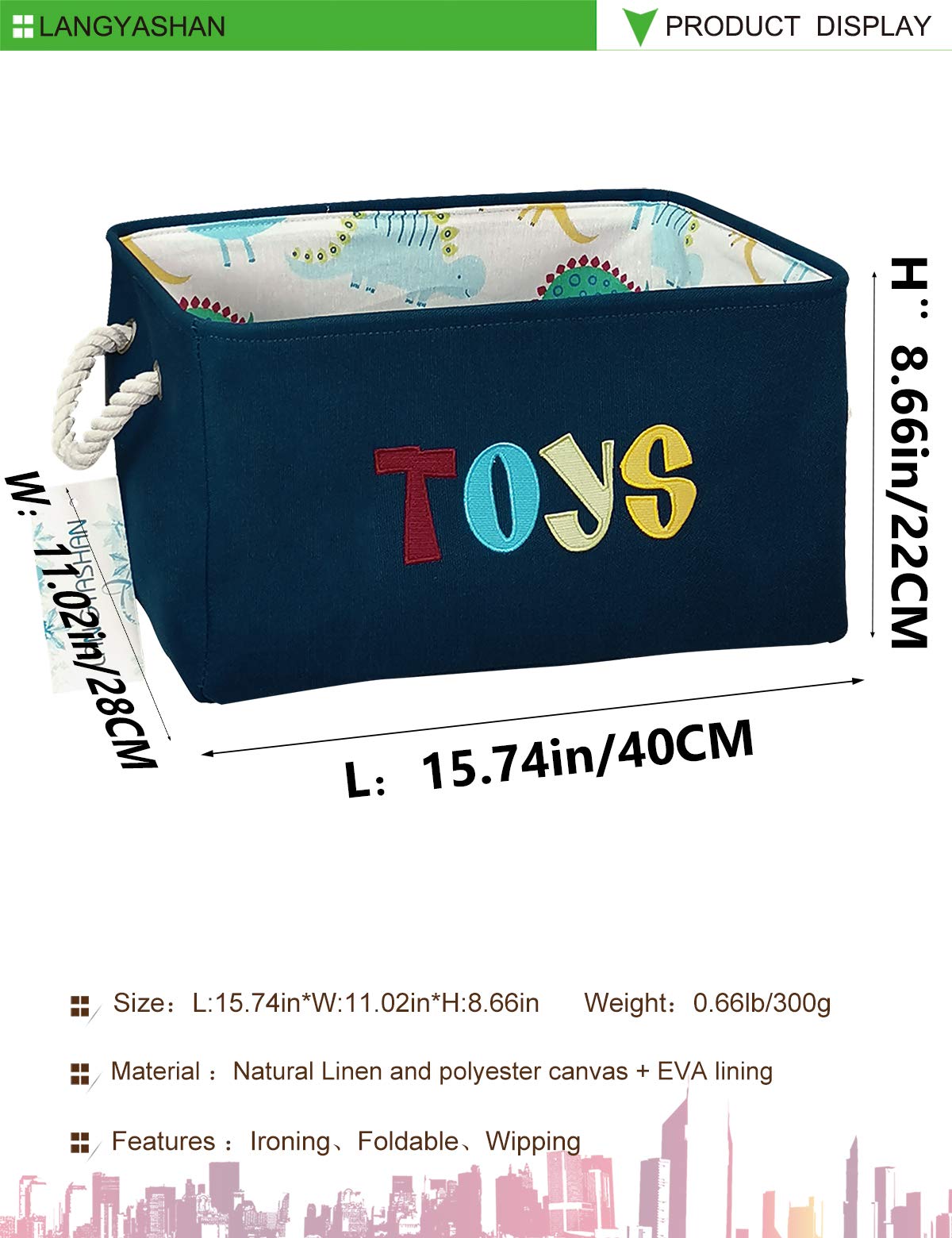 LANGYASHAN - Contenedor rectangular de almacenamiento de lona plegable con asas para organizar el hogar, cocina, niños y niñas, juguetes, oficina, clóset, cestas (juguetes marinos)