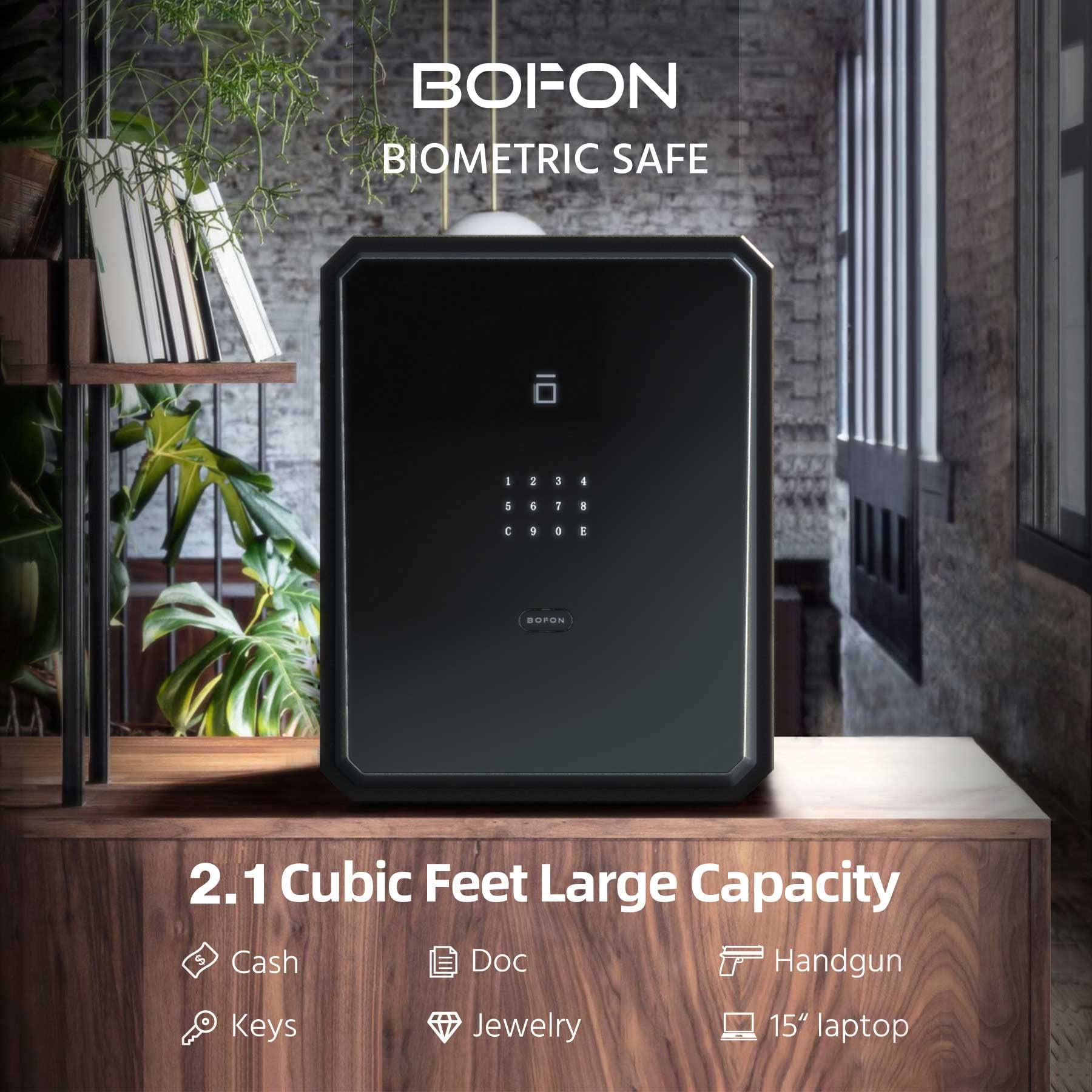 BOFON Caja Segura para el Hogar Con Llave y Contraseña de Huellas Dactilares, Biométrica, Serie W, 2.1 Pies Cúbicos