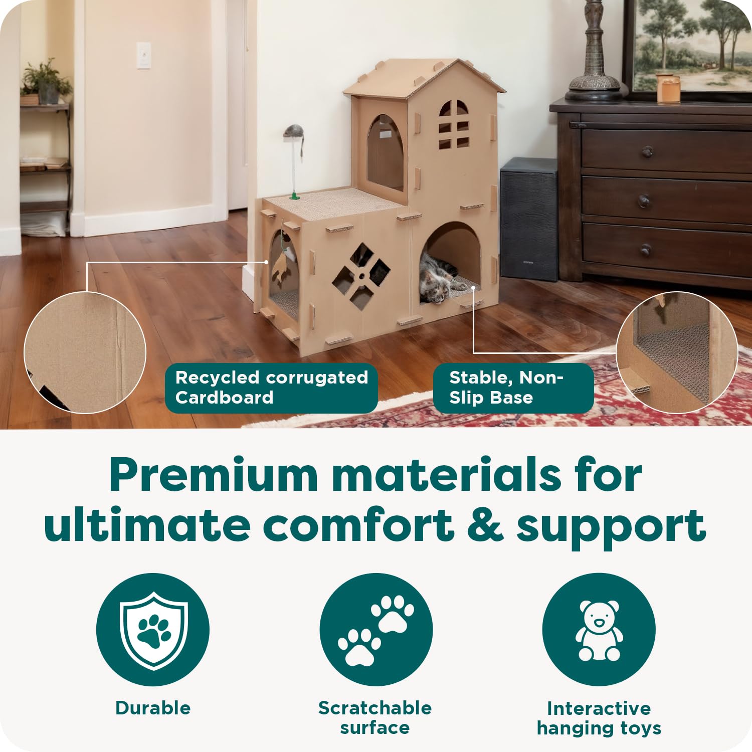 Furhaven Muebles para gatos – Tiger Tough Farmhouse Área de juegos Apartamento escondite corrugado Rascador para gatos y gatitos, cartón (marrón), talla única