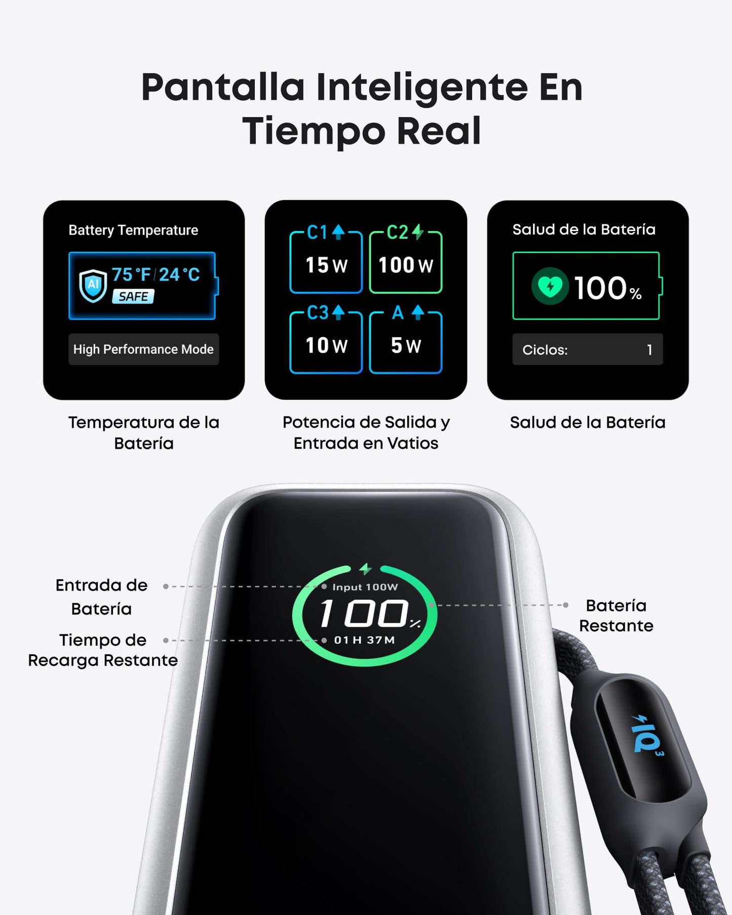 Batería Externa Anker Negra 25,000 mAh 100W USB-C con Cables Integrados y Retráctiles para Laptops y Móviles