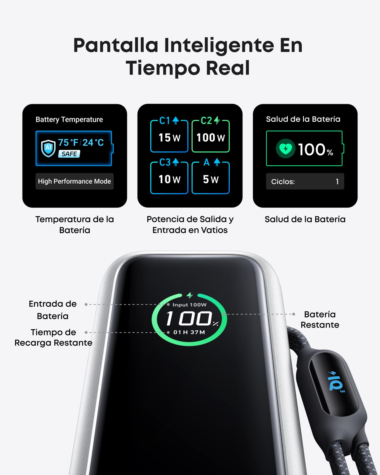 Batería Externa Anker Negra 25,000 mAh 100W USB-C con Cables Integrados y Retráctiles para Laptops y Móviles