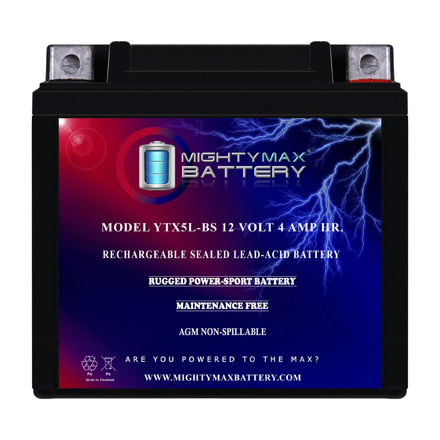 Batería de Repuesto Mighty Max Battery YTX5L-BS Negra para Motocicleta 12 V 4 Ah 55 CCA