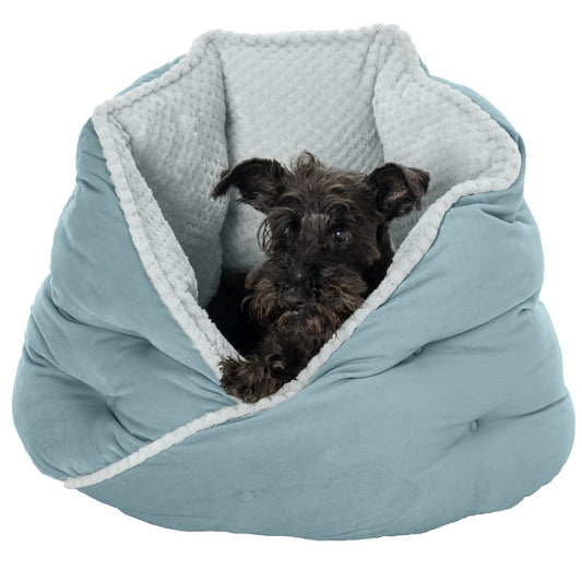 Furhaven 24" Round Medium Dog Bed Minky Plush & Velvet Calming Hug Nest, Washable - Aquamarine, 24-Inch