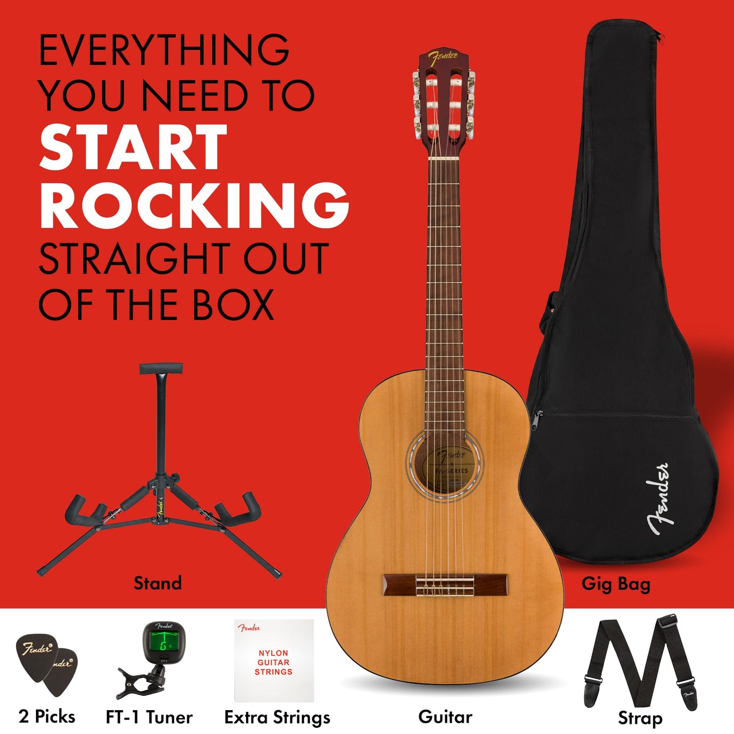 Fender Kit de inicio de guitarra acústica de tamaño 3/4 para principiantes con cuerdas de nailon, bolsa, afinador, correa y garantía de 2 años