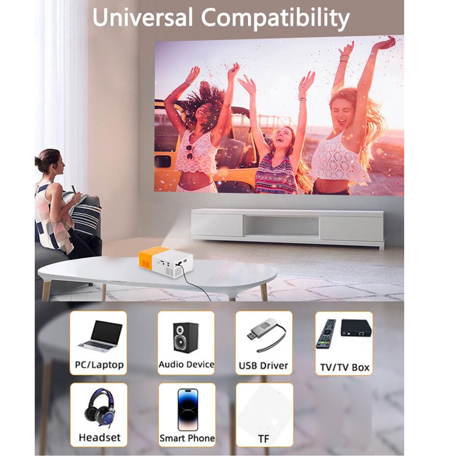 Mini Proyector Yoidesu Full HD 1080P Portátil Blanco con Múltiples Puertos y Altavoz HiFi de Bajo Ruido para Cine en Casa y Niños