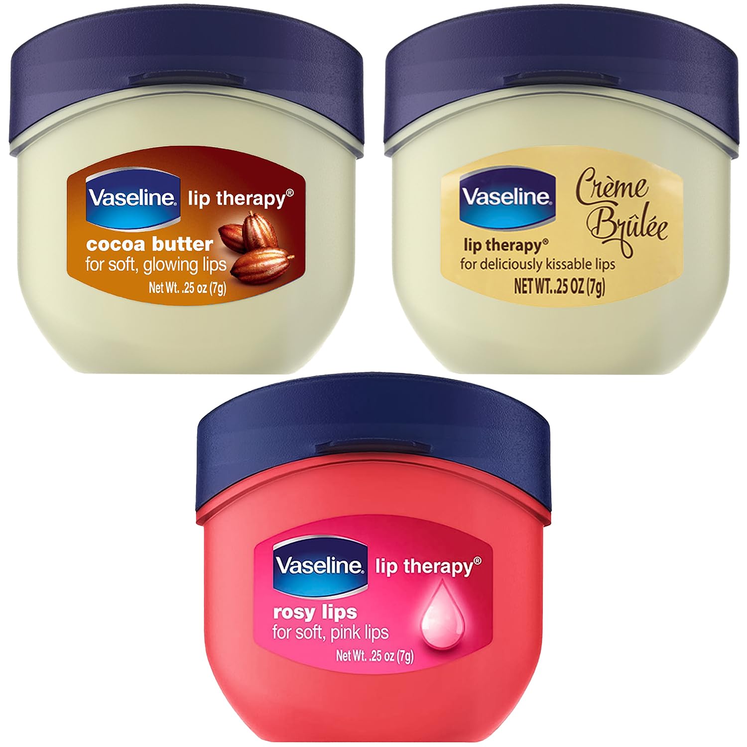 Pack de 3 Brillo Labial Vaseline Creme Brulee, Rosy Lips y Cocoa Butter