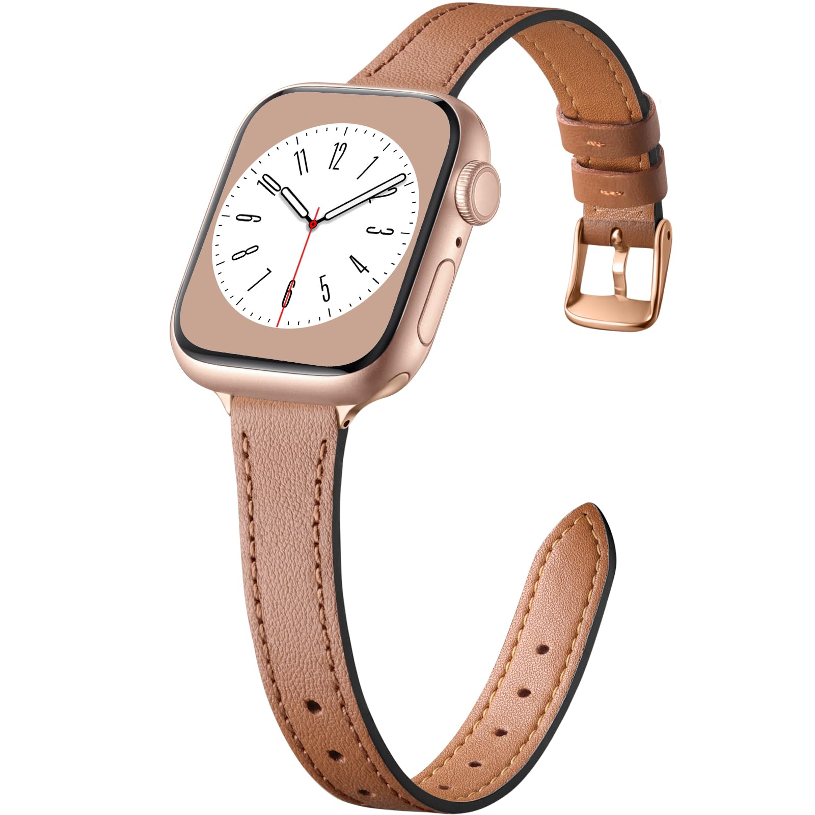 Correa delgada de cuero Vcegari marrón genuino compatible con Apple Watch Series 10-1 SE Ultra 2