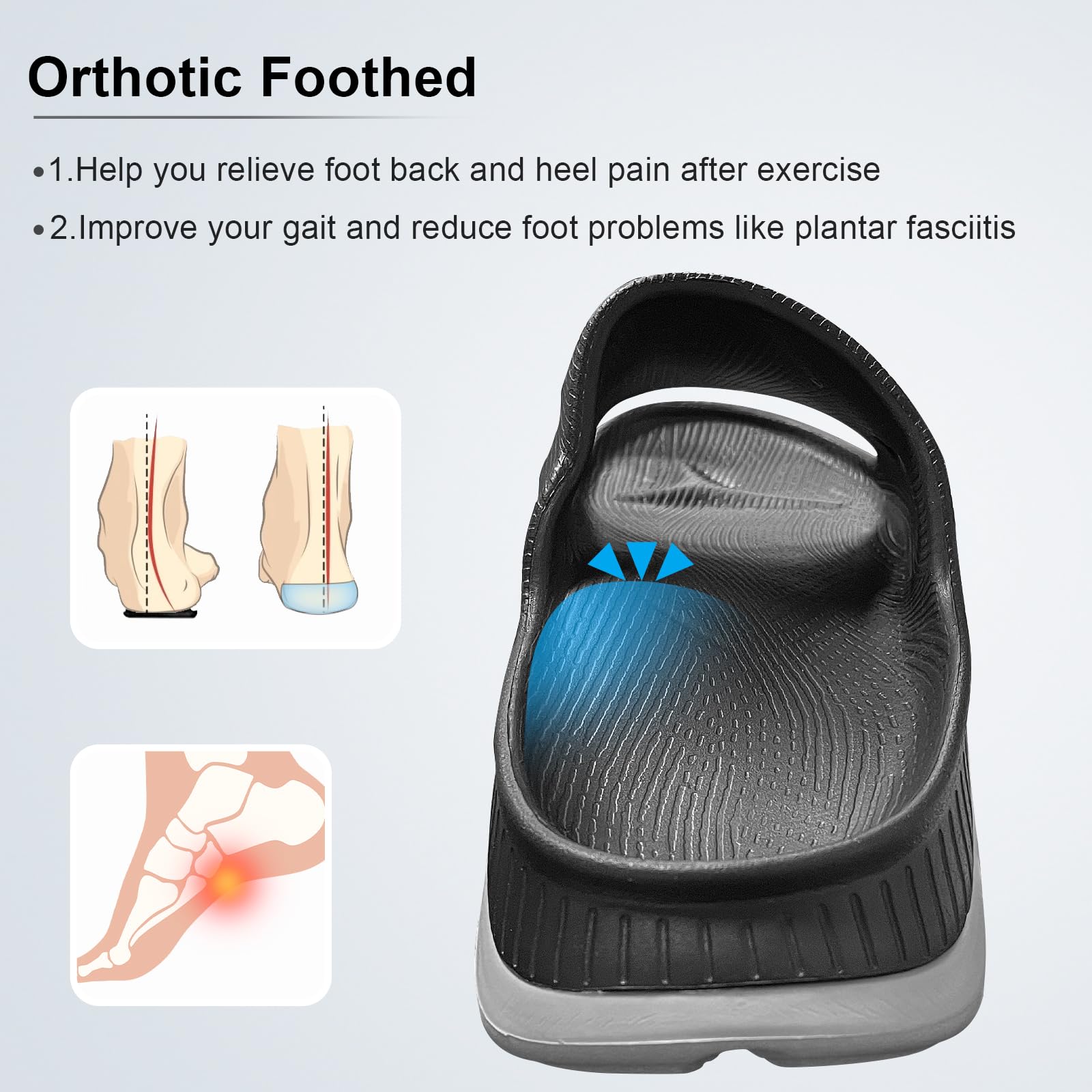 AnyuTech Sandalias de recuperación con soporte de arco, ortopédicas de cojín grueso para mujer, para fascitis plantar, ligeras, cómodas, para hombre, para interiores y exteriores, Negro Gris, 25.5 cm