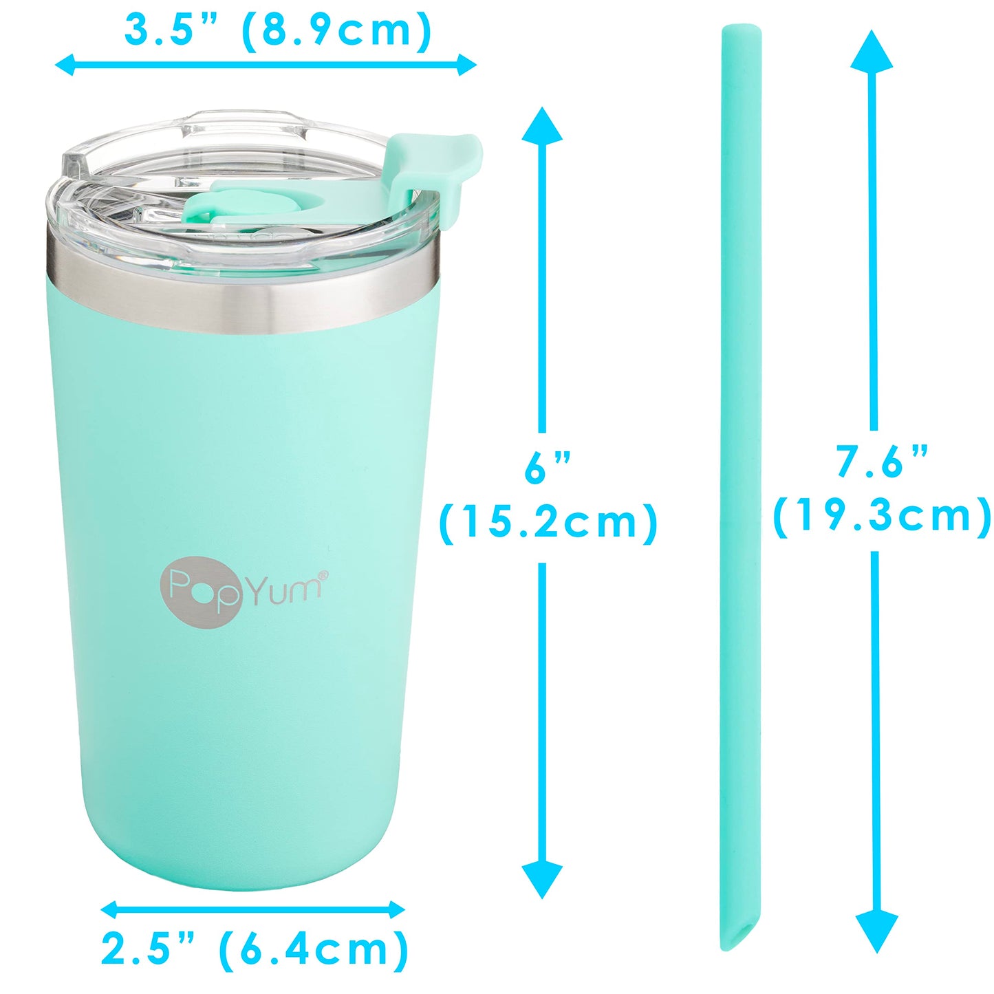 PopYum Vasos Térmicos Anti Derrame de acero inoxidable para niños de 13 onzas con tapa y popote paquete de 2 azul y verde