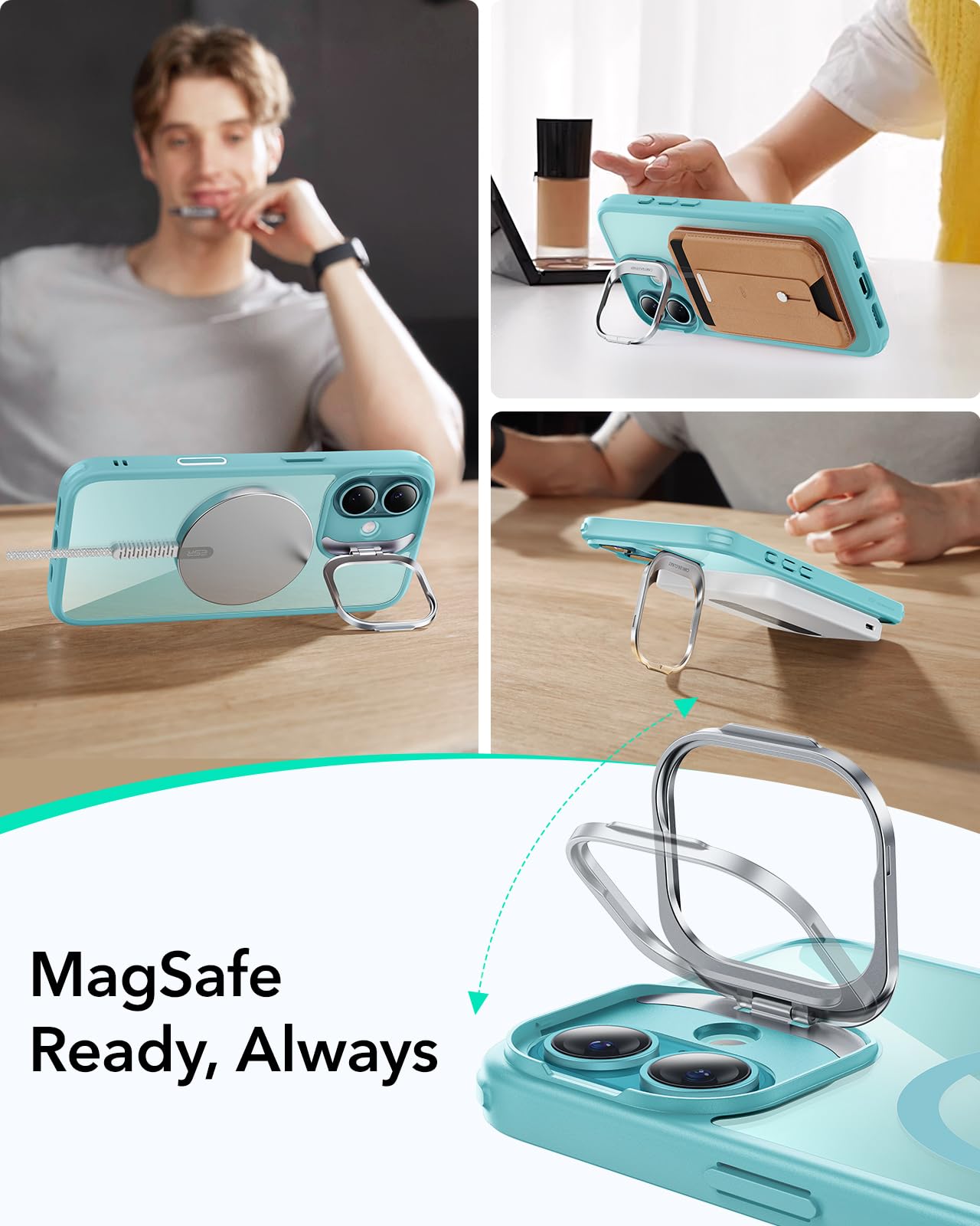 ESR - Funda para iPhone 16, botón de control de cámara compatible con MagSafe, protección de grado militar, soporte integrado, funda trasera resistente a arañazos, clásica, verde transparente