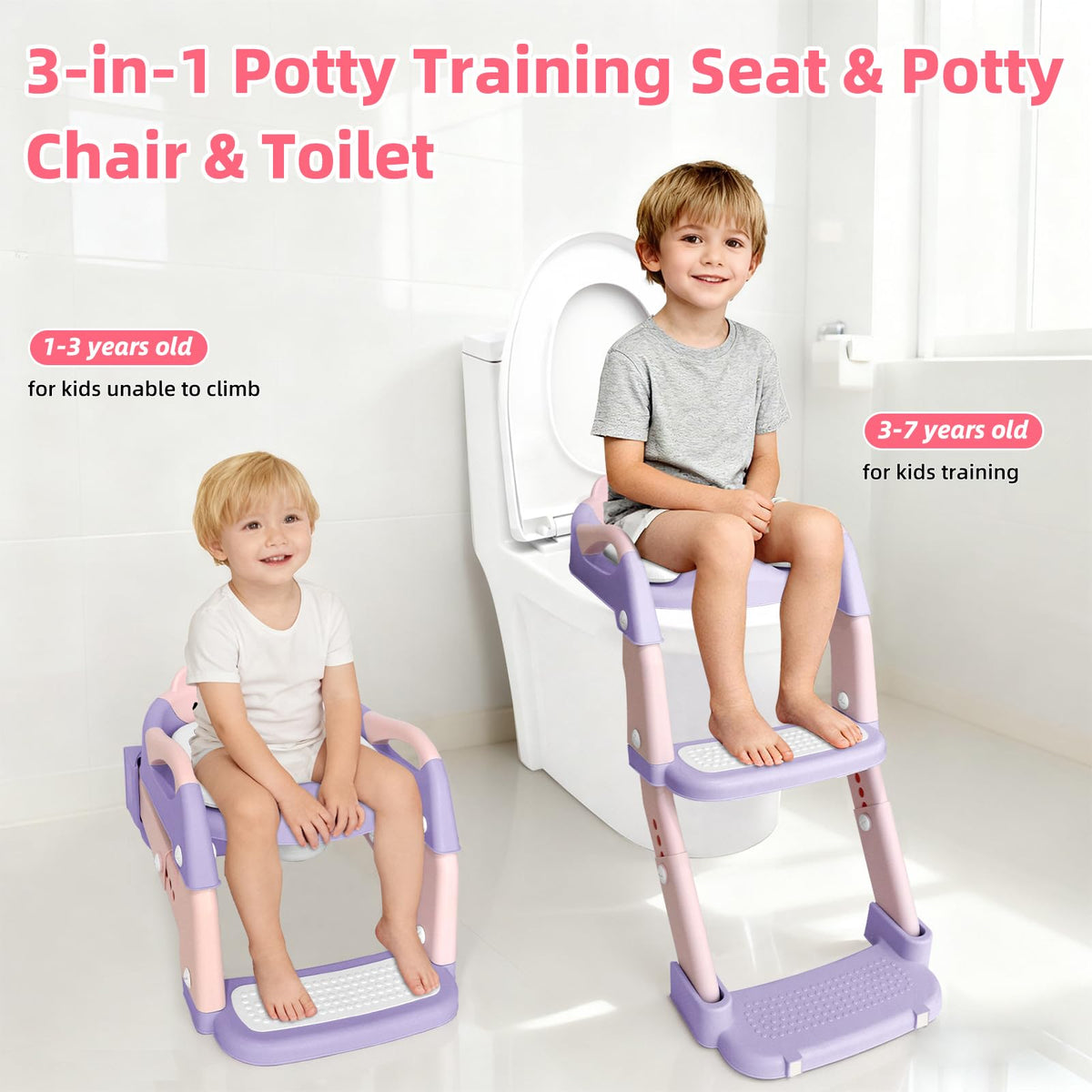 Asiento de entrenamiento para ir al baño, asiento de inodoro para niños y niñas, inodoro 3 en 1 con taburete de escalón, antideslizante plegable (morado + rosa)