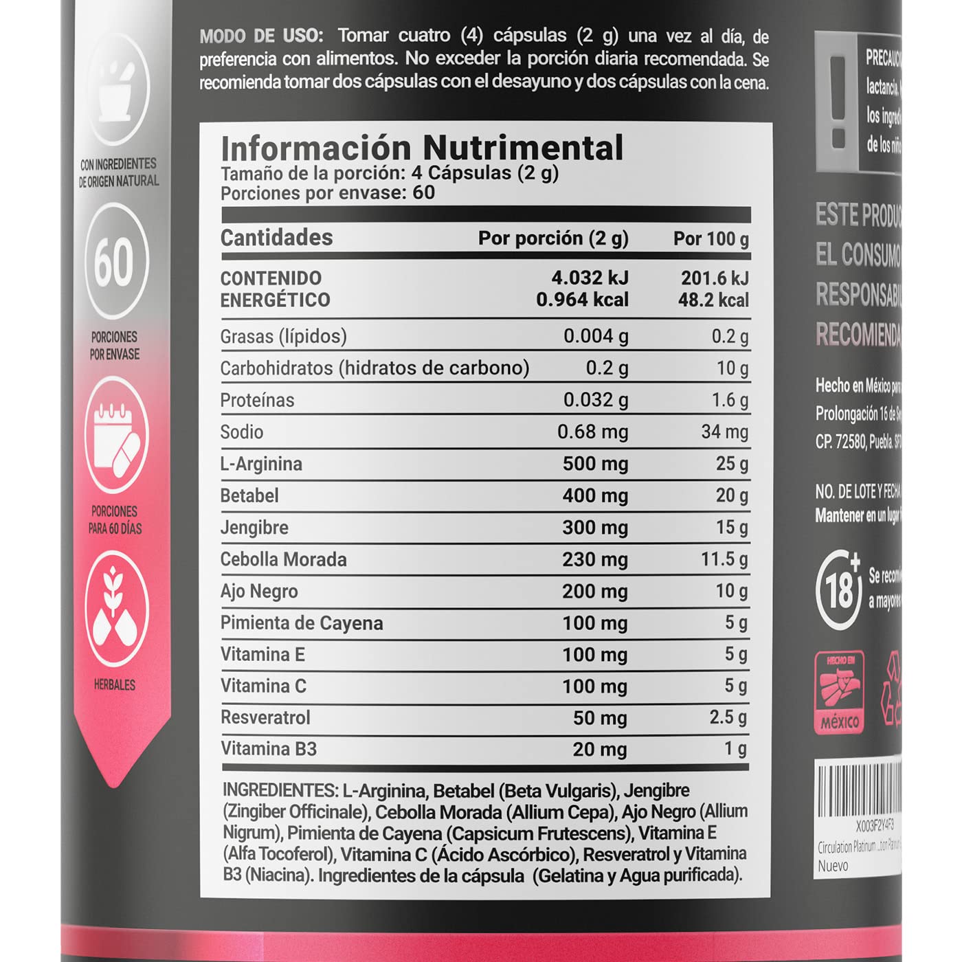 L-Arginina, Resveratrol, Ajo negro, Jengibre y Vitaminas. 240 cápsulas. Ingredientes naturales. Venflow Platinum B Life.