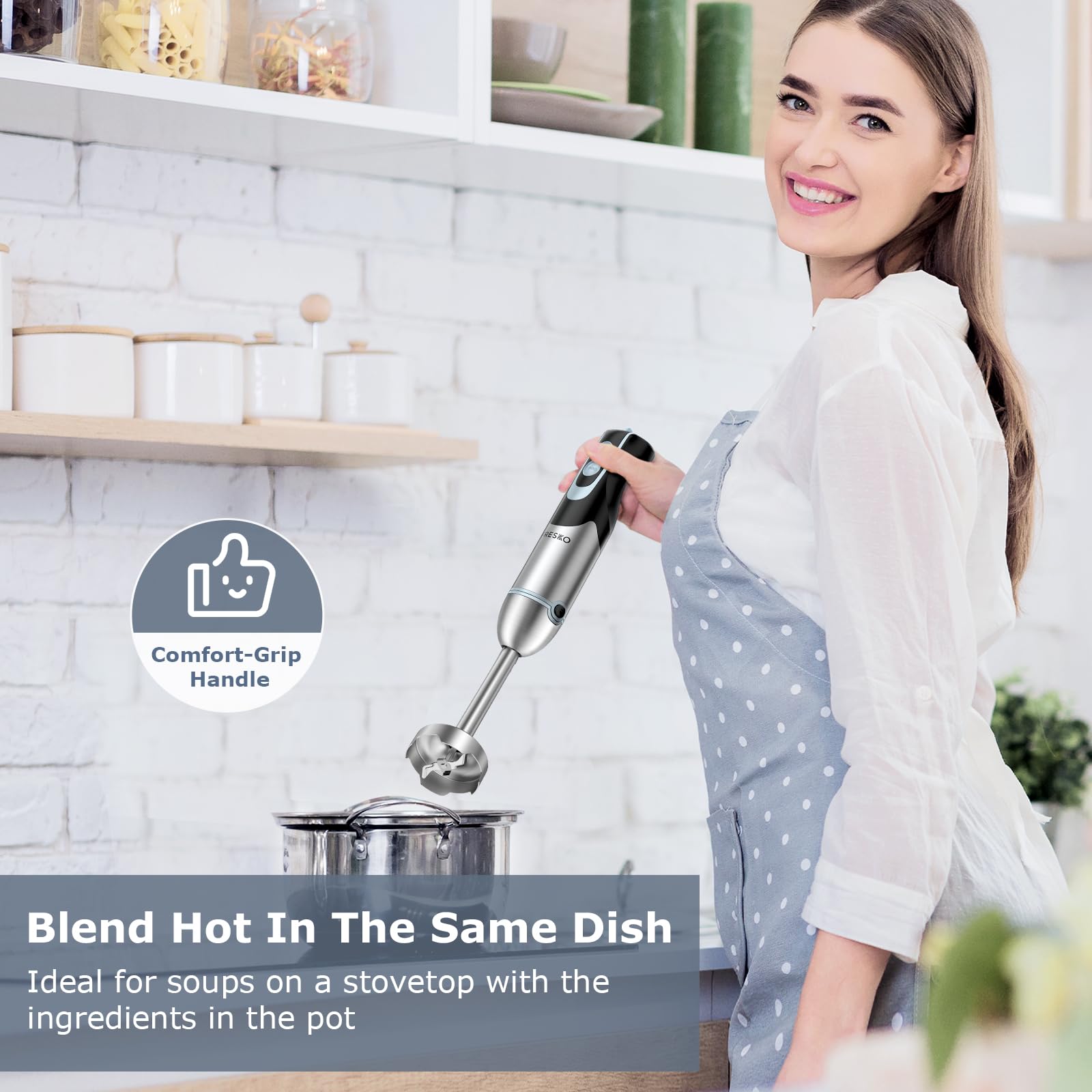 FRESKO Batidora de mano de inmersión de 500 W con vaso de 700 ml, 12 velocidades y modo turbo batidora de mano, cuchillas de acero inoxidable 304 para sopa, licuado, puré, comida para bebés