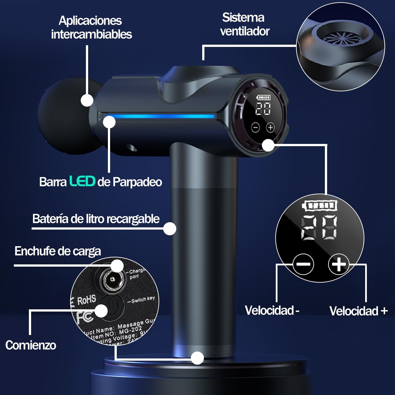 Pistola De Masaje Muscular, Pistola Masajeadora con 11 Cabezales y 20 Velocidades Ajustables,Masajeadores Eléctrico de Mano con Pantalla Lcd,Masajeador Muscular Ideal para Hombros,Cuello, Espalda