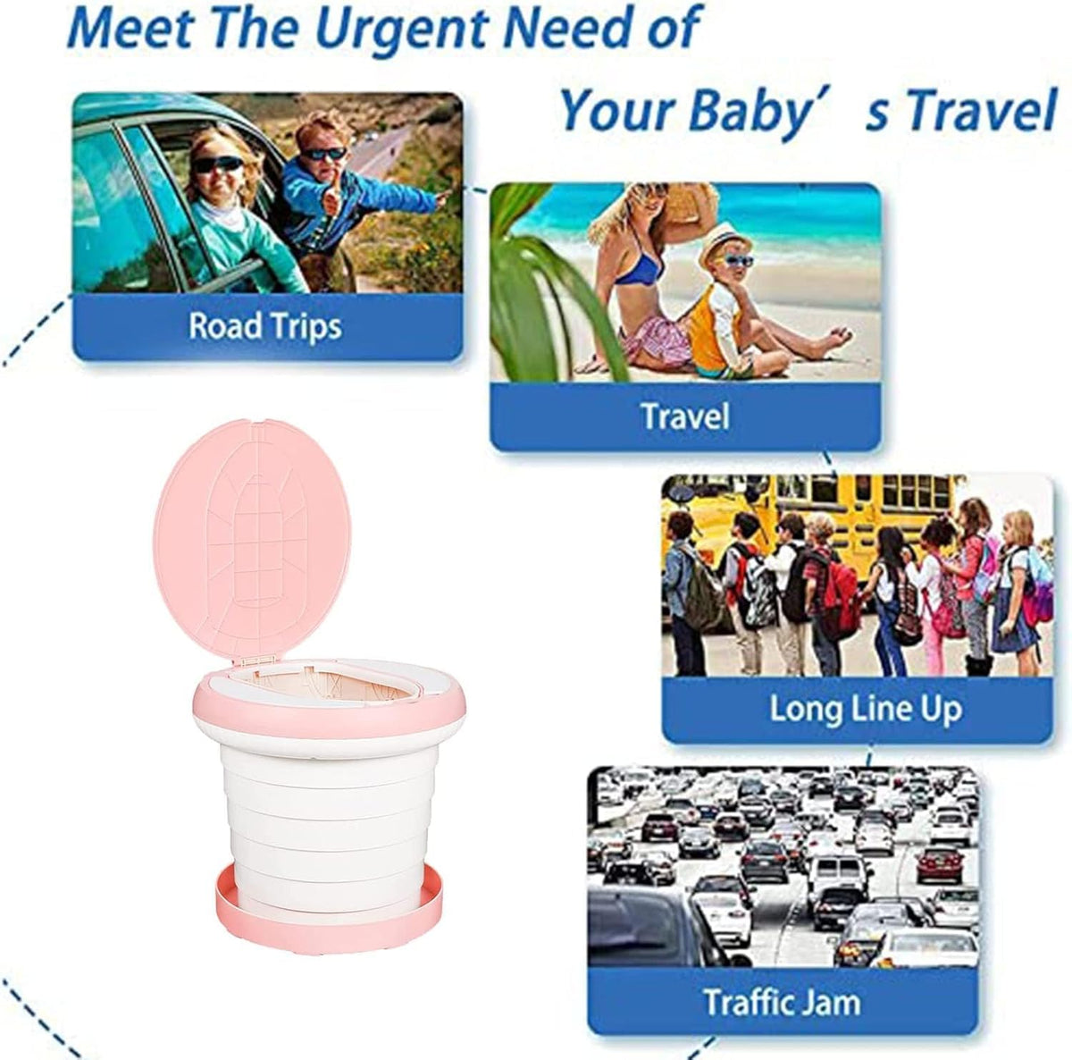 SunnySmile - Orinal de viaje para niños pequeños, inodoro portátil y plegable, se aplica al asiento de emergencia para automóvil, campamento, al aire última intervensión, interior (rosa, grande)
