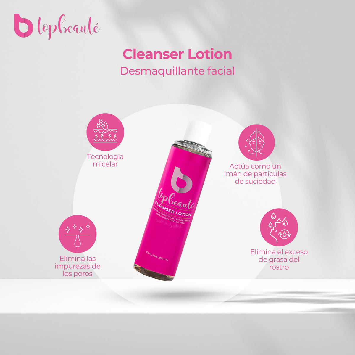 Top Beauté - Desmaquillante de ojos Facial Limpiadora Hidratante Antioxidante Avena Té Verde y Pepino Cleanser Lotion 250ml - desmaquillante y limpiador dérmico con tecnología micelar