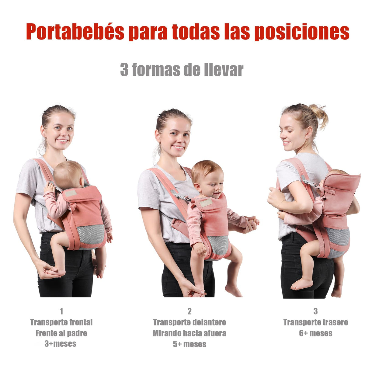 Cangurera para Bebe, Fular Ergonómico para Bebés de 0 a 36 Meses(Hasta 20 kg), Mochila Portabebés, Proteger la Cabeza, Portabebés de Algodón Ligero y Transpirable Ajustable (Rosa)