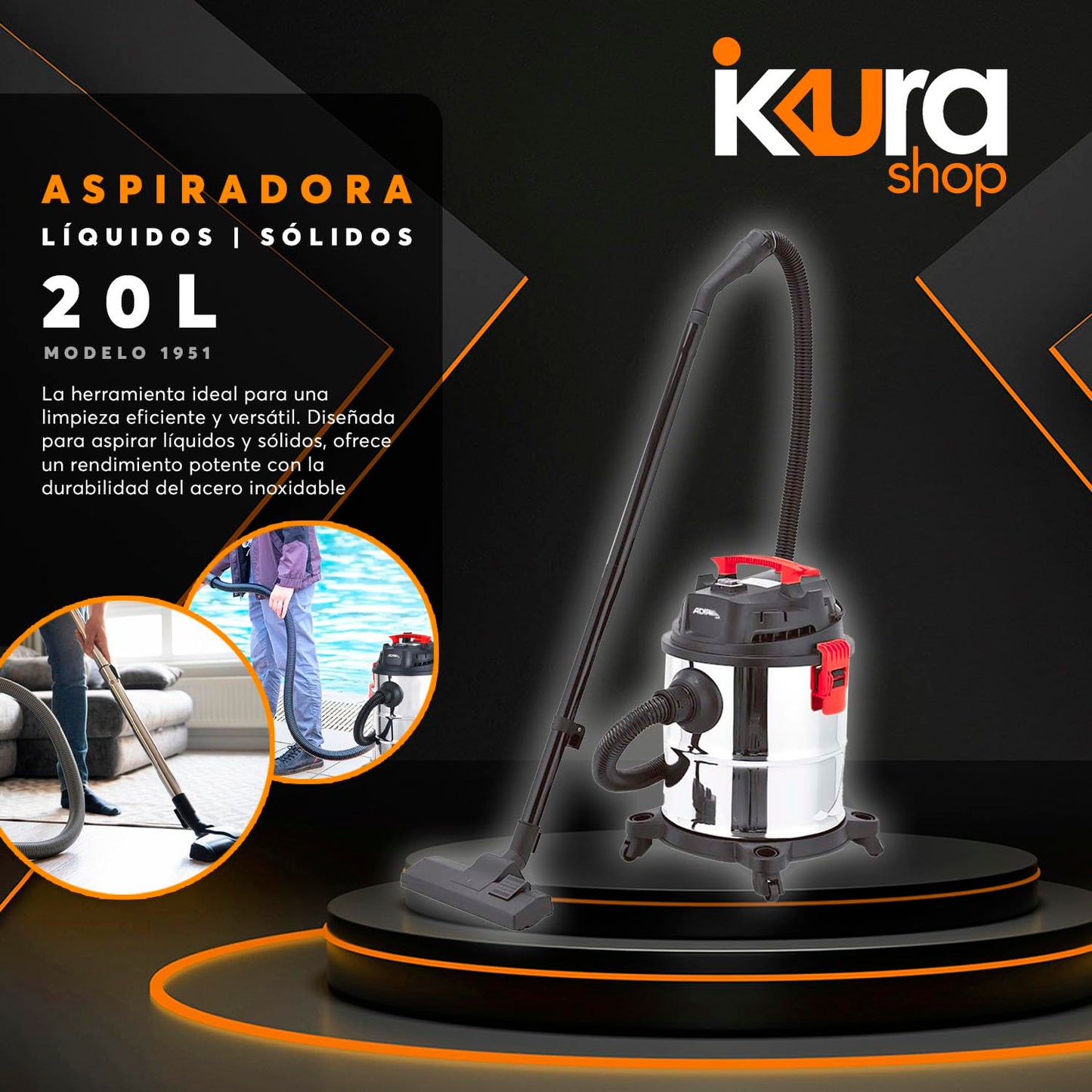 Aspiradora Adir Acero Inoxidable 20 Lt Sólidos y Líquidos 1951