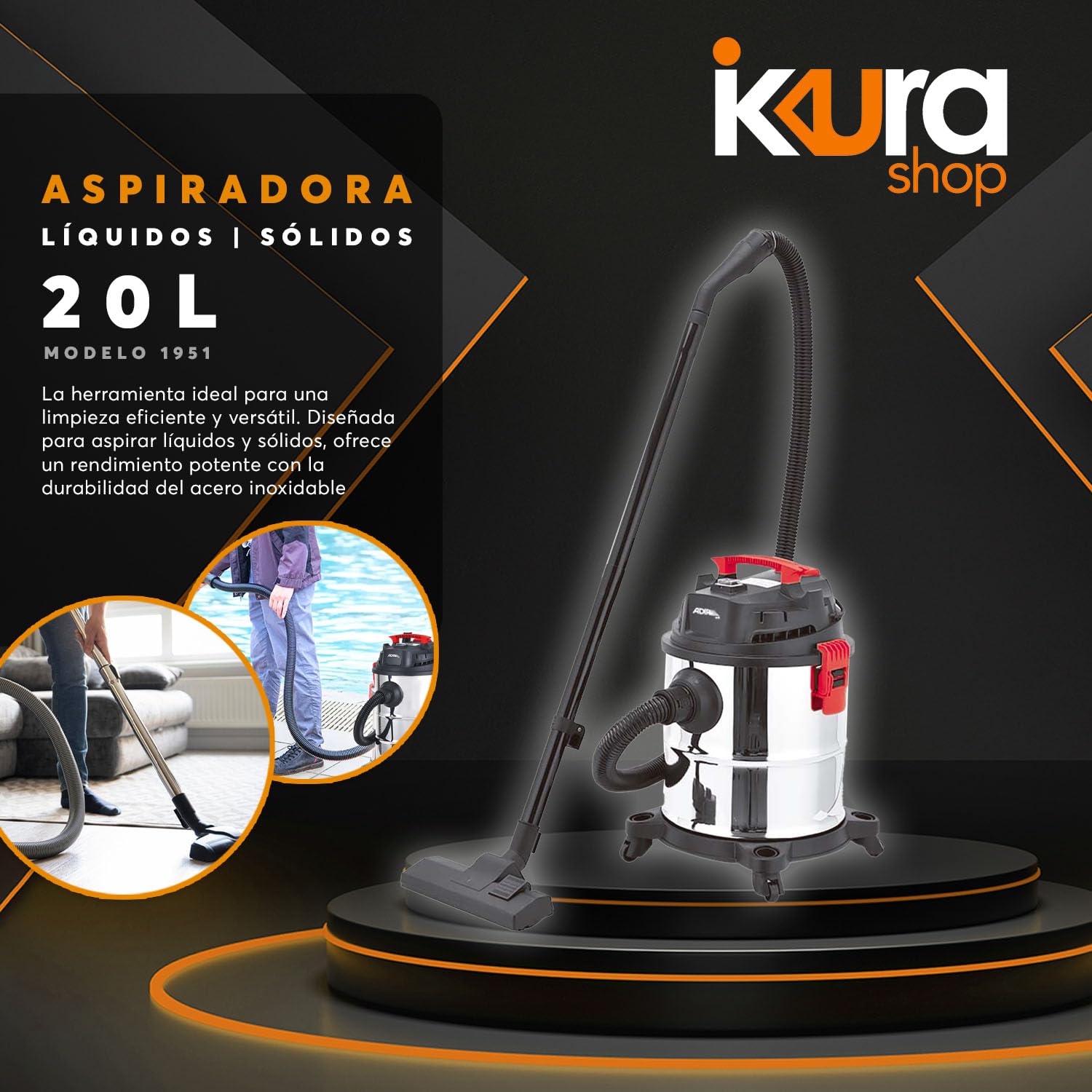 Aspiradora Adir Acero Inoxidable 20 Lt Sólidos y Líquidos 1951