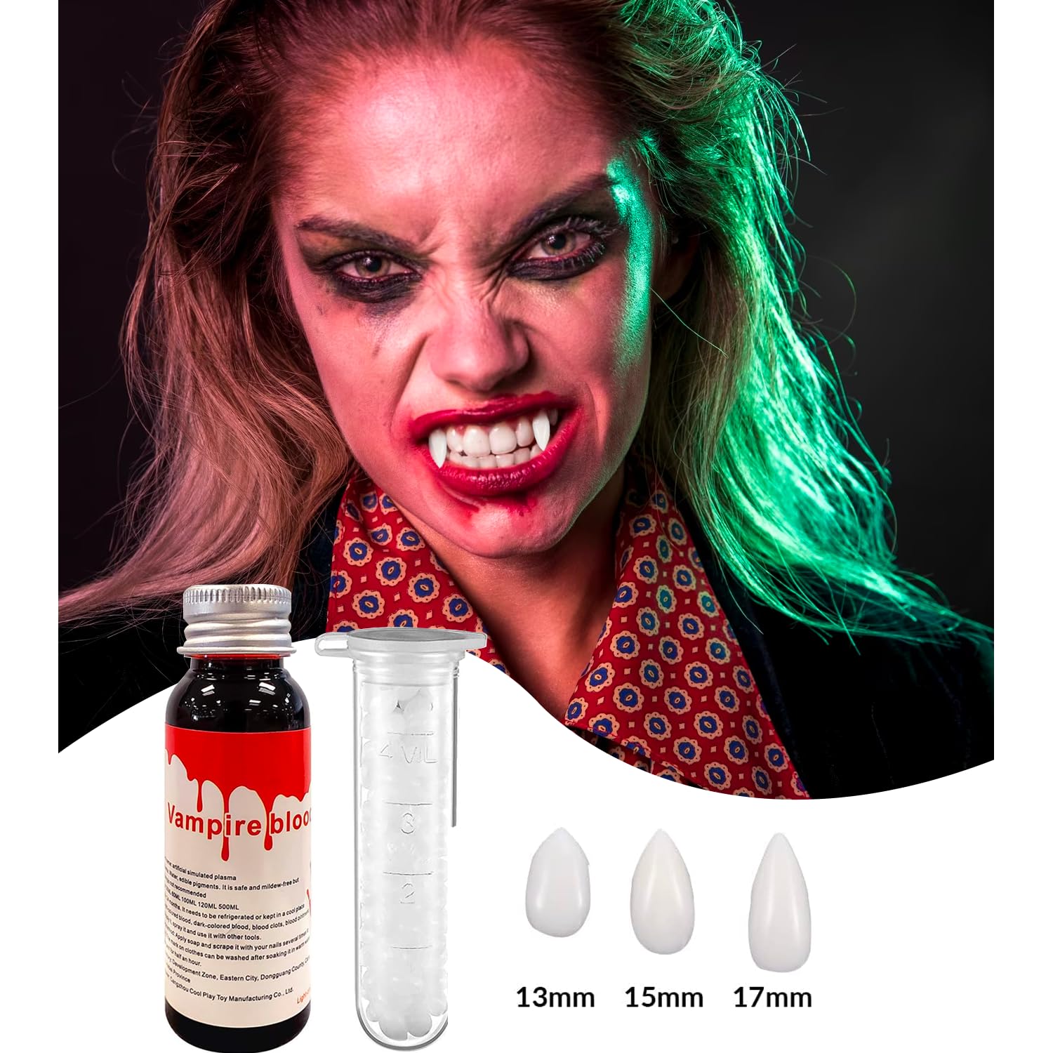 Dientes de Vampiro Svevno Blanco y Rojo con Adhesivo para Halloween