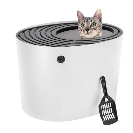 IRIS USA Bandeja de Arena para Gatos de Entrada Superior Redonda y Elegante con Pala, diseño Curvo con Cubierta y surcos para atrapar partículas de Arena y Paredes para privacidad, Blanco/Negro