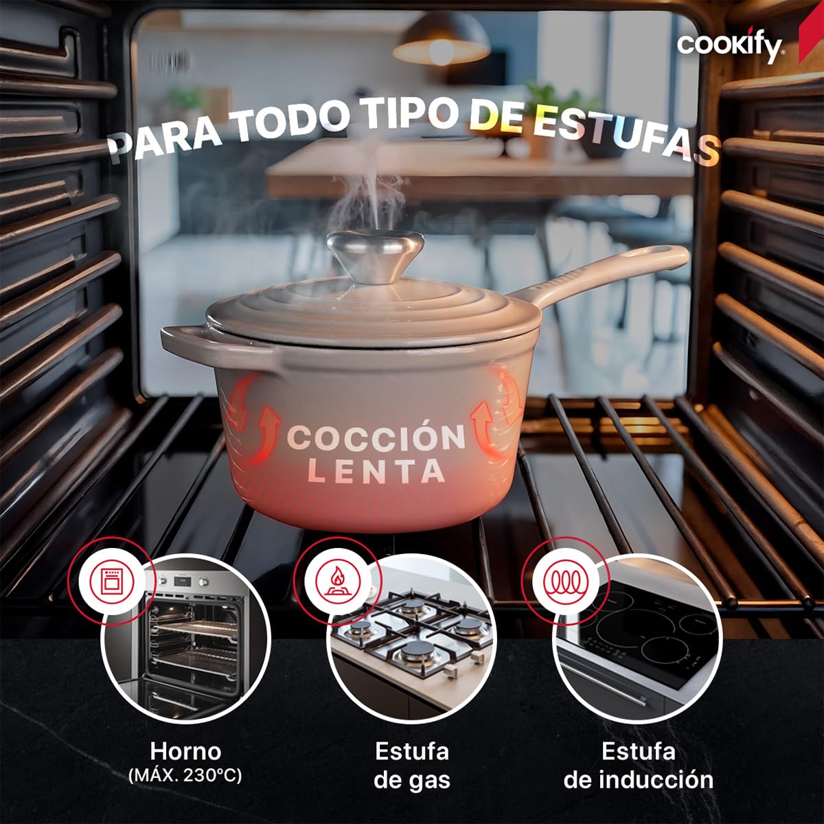 Cookify Olla de Hierro Fundido Esmaltado para Horno y Estufa, Capacidad 1.5 Litros (Taupe, 17 cm)