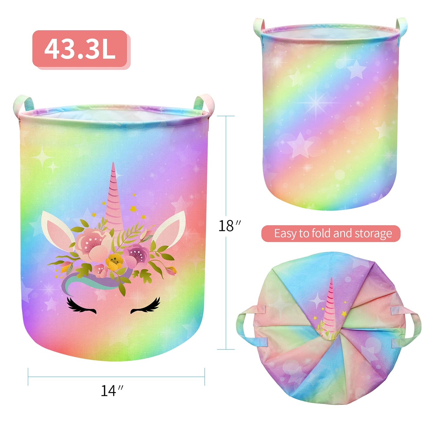 Cesta de lavandería con diseño de unicornio, de gran tamaño, redonda, impermeable, plegable, organizador de habitación de niñas, recámara, cuarto de bebé, ropa de sala de juegos (43.3 l, lindo